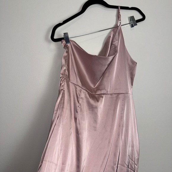 Rose Pink Elegant Satin One Shoulder Midi Dress Draped Asymmetrical Hem Size M - Picture 3 of 6